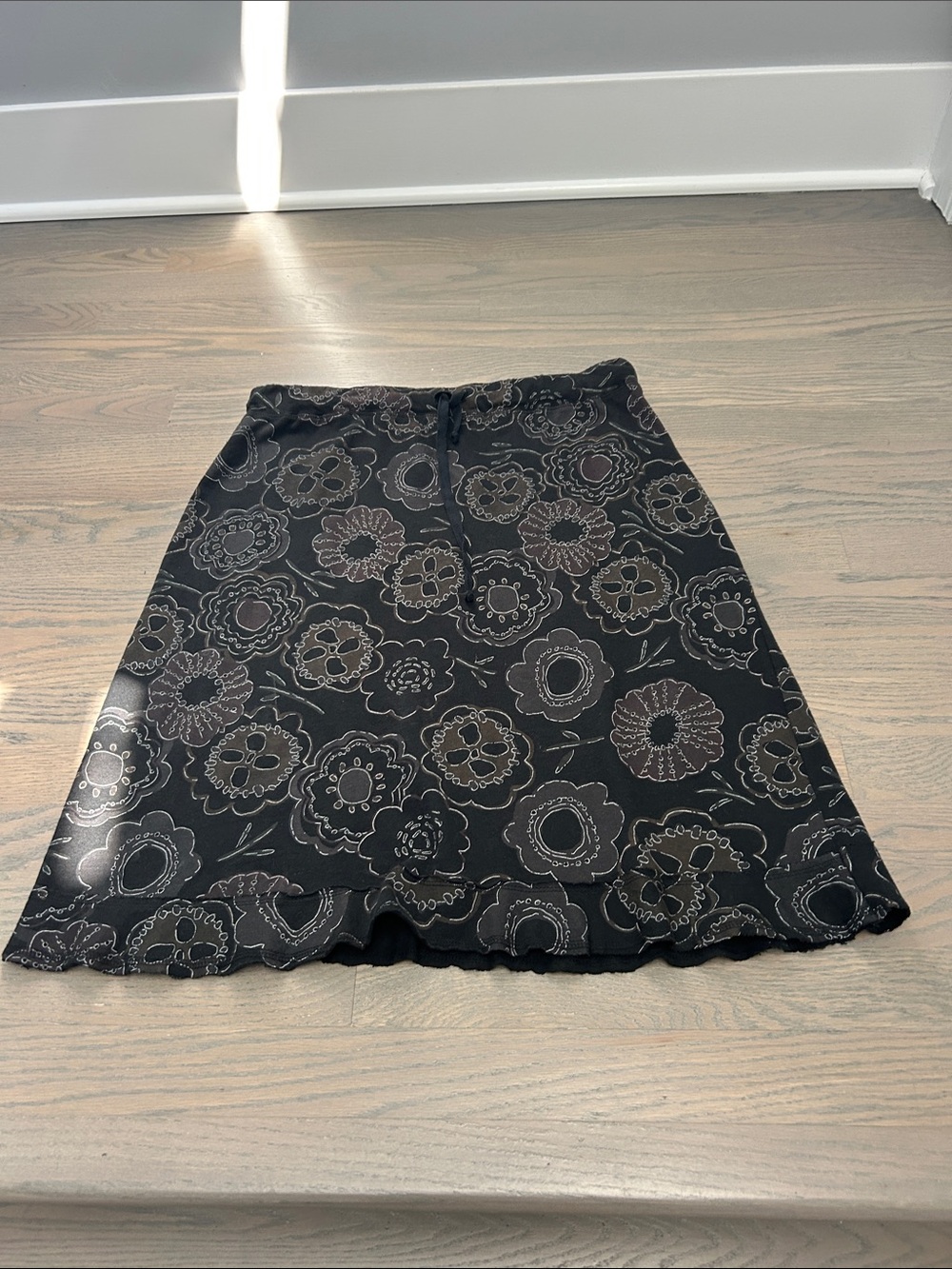 fresh produce Black Floral A-Line Skirt with Subtle Brown Accents